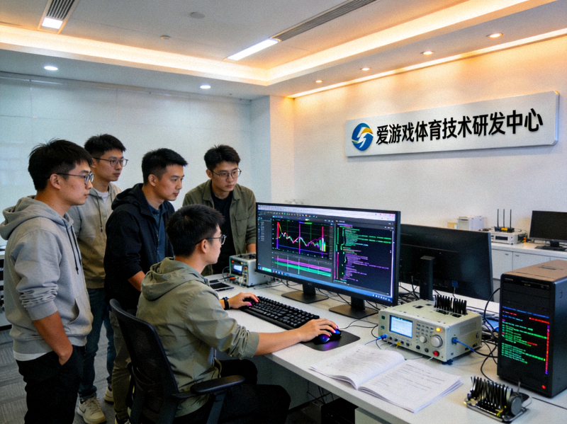 爱游戏体育技术研发中心内部场景 - 工程师正在调试游戏物理引擎与AI匹配系统