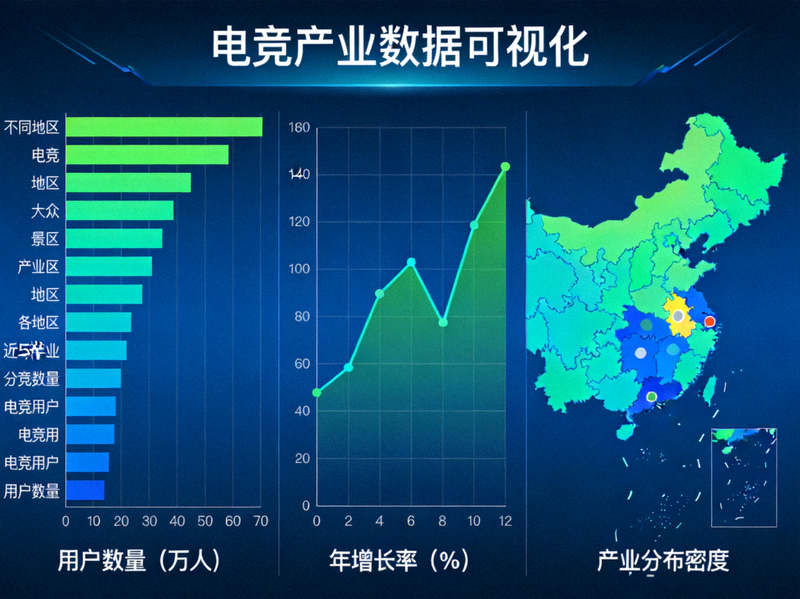 电竞产业数据可视化图表展示 - 柱状图、折线图与地图结合