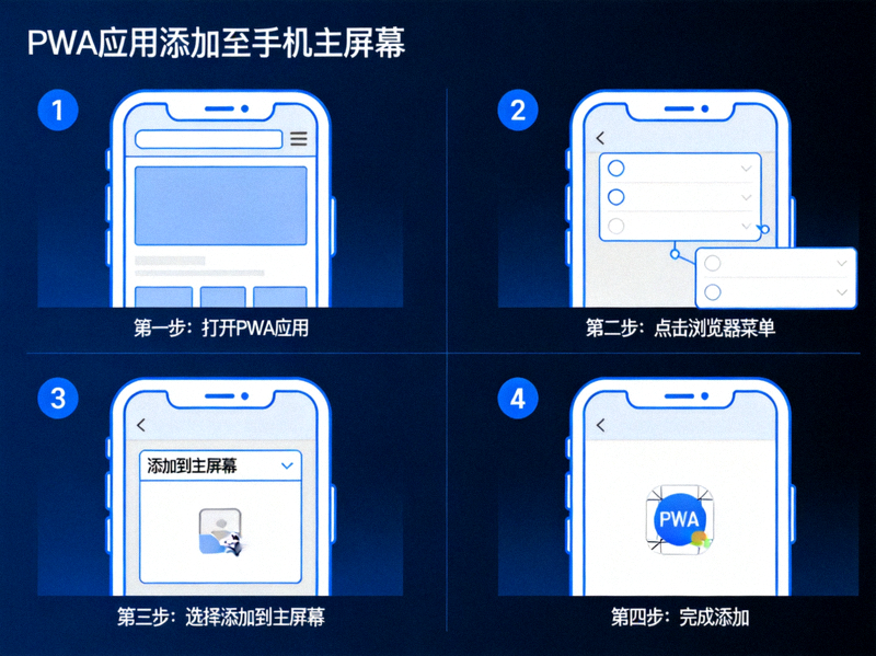 PWA应用添加至手机主屏幕的操作步骤示意图
