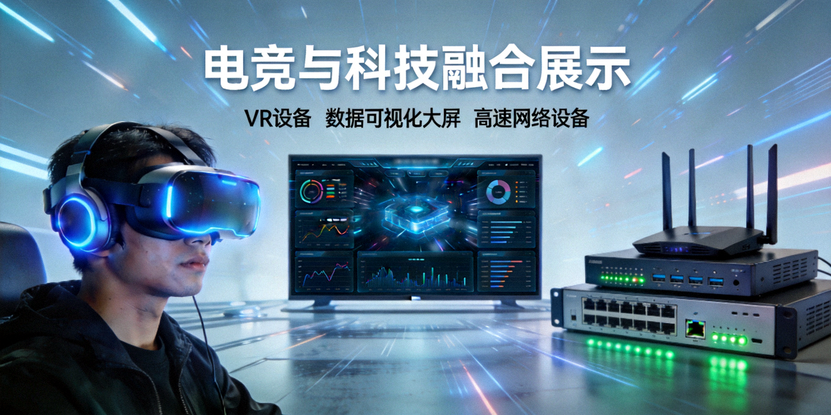 电竞与科技融合展示 - VR设备、数据可视化大屏与高速网络设备同框
