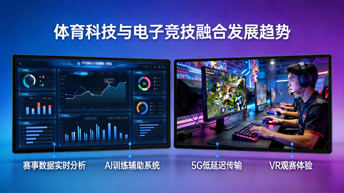 体育科技与电子竞技融合发展趋势分析配图 - 数字屏幕显示数据分析与体育赛事画面