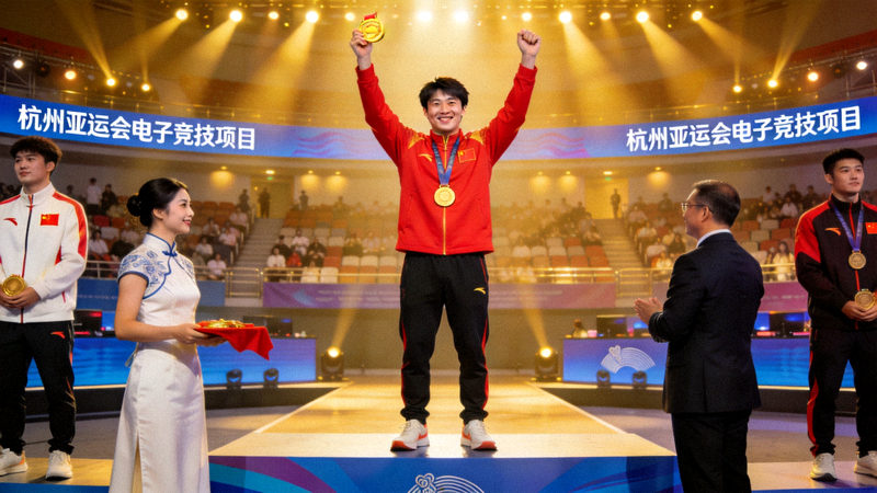 杭州亚运会电子竞技项目颁奖仪式现场，中国选手手持金牌庆祝